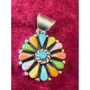 Sterling Silver Multicolor Teardrop Pendant Turquoise Center & Inlay Gemstones